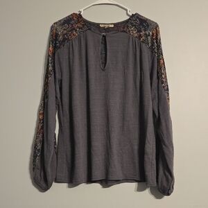gimmicks by BKE Charcoal Peasant Top with Velvet Floral Accent, Medium